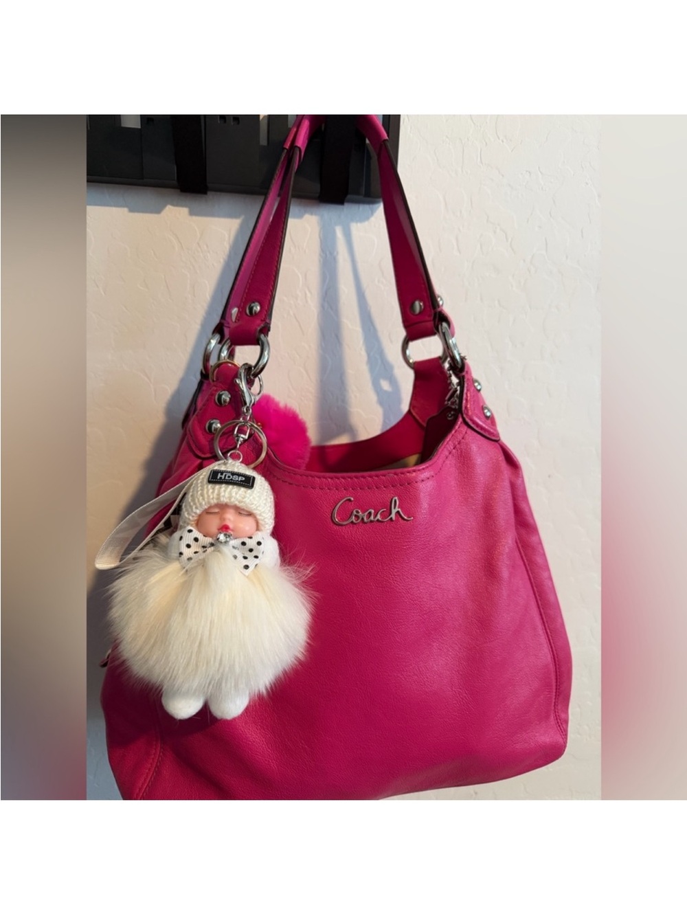 White Faux Fur Pom Pom Doll Keychain Bag Charm - Picture 2 of 2